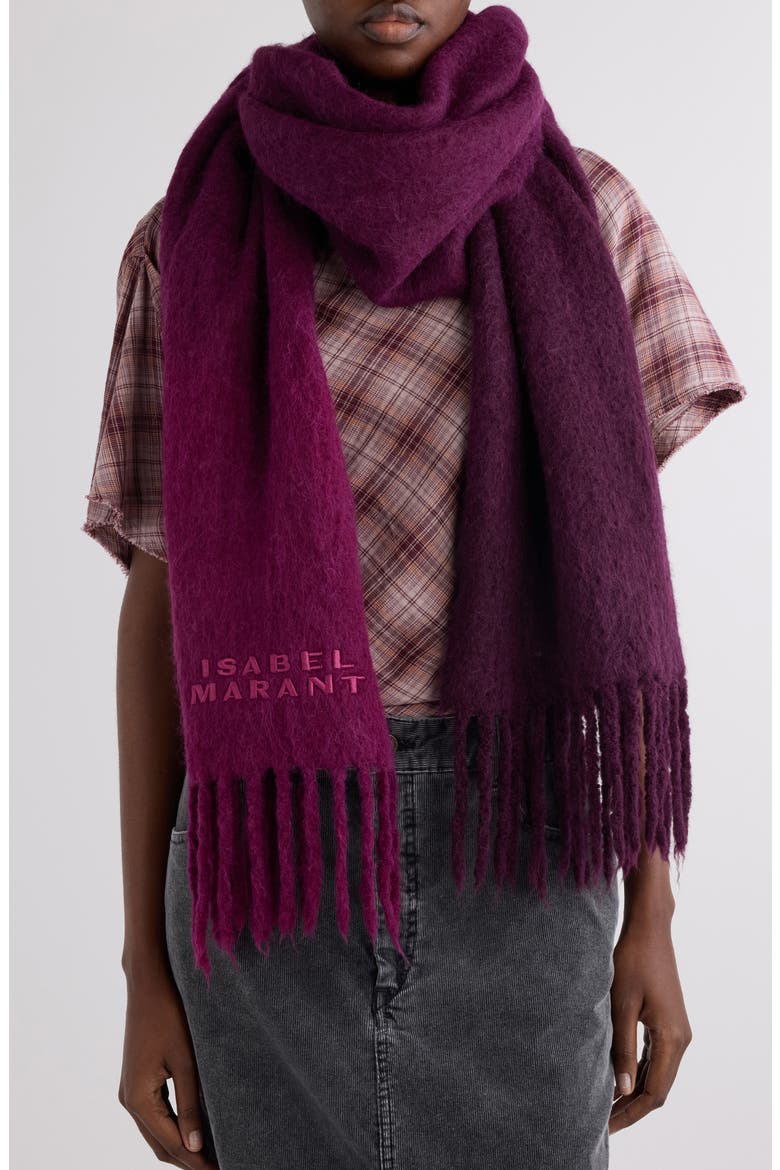 Firna Logo Embroidered Fringe Scarf, Alternate, color, PLUM