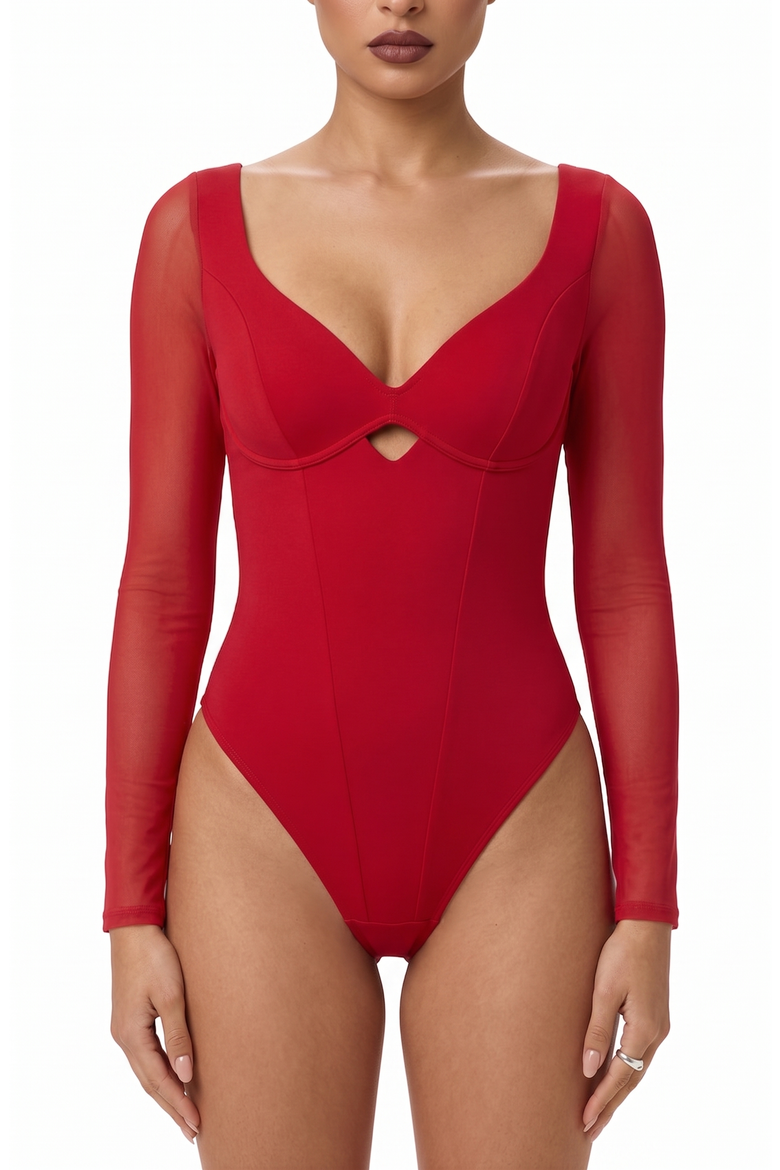 Shapewear Mesh Sleeve Cutout Sweetheart Sculpting Bodysuit, Main, color, Watermelon