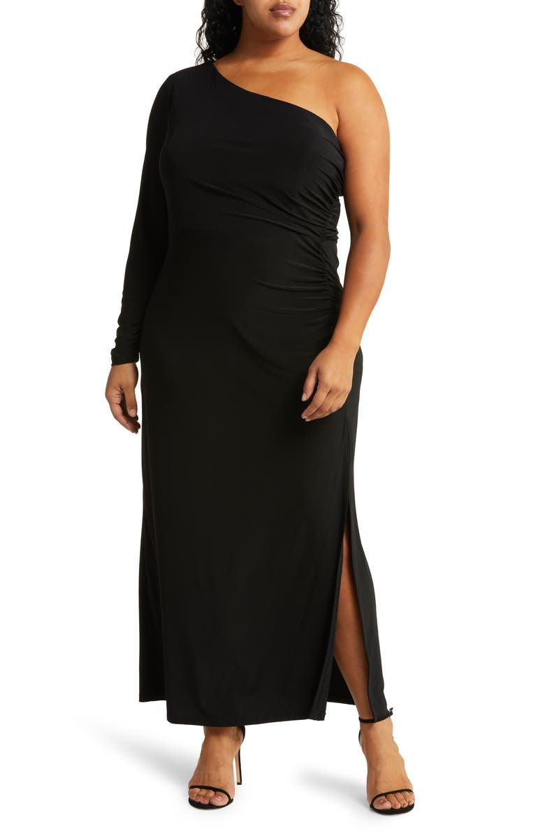 Nightway One-Shoulder Long Sleeve Gown, Main, color, 