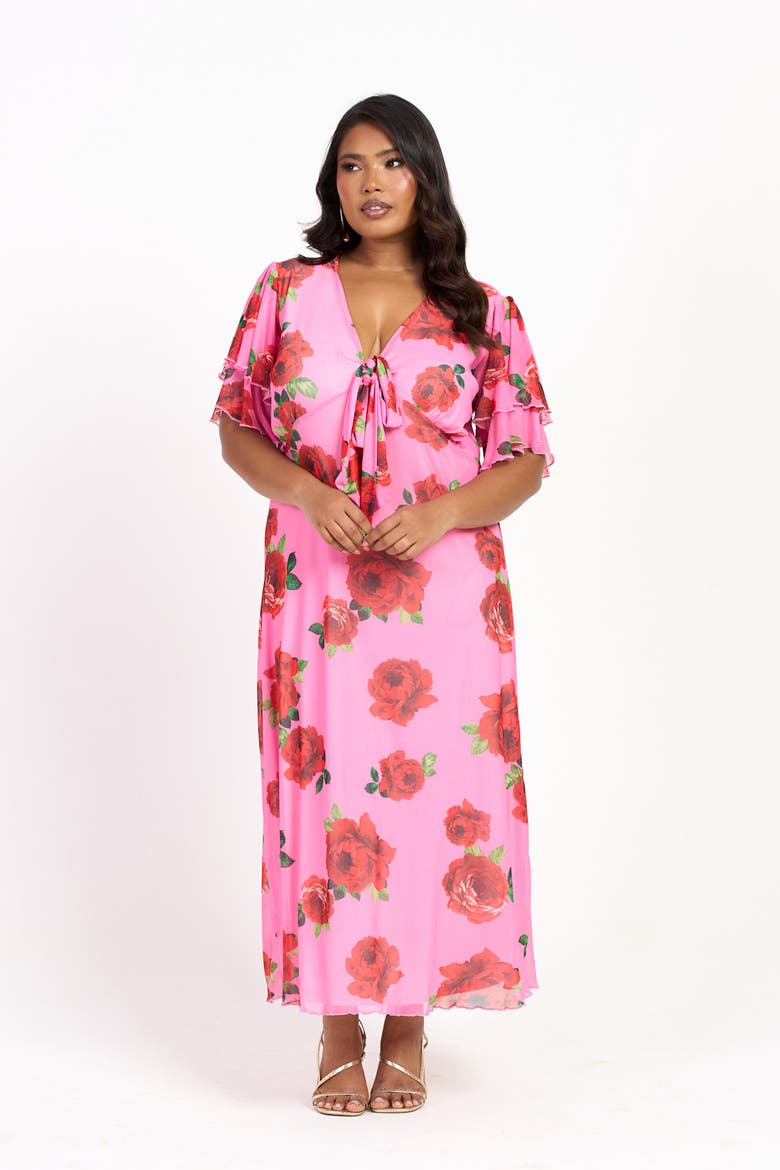 Flutter Sleeve Tie Front Midi Dress, Alternate, color, Pink