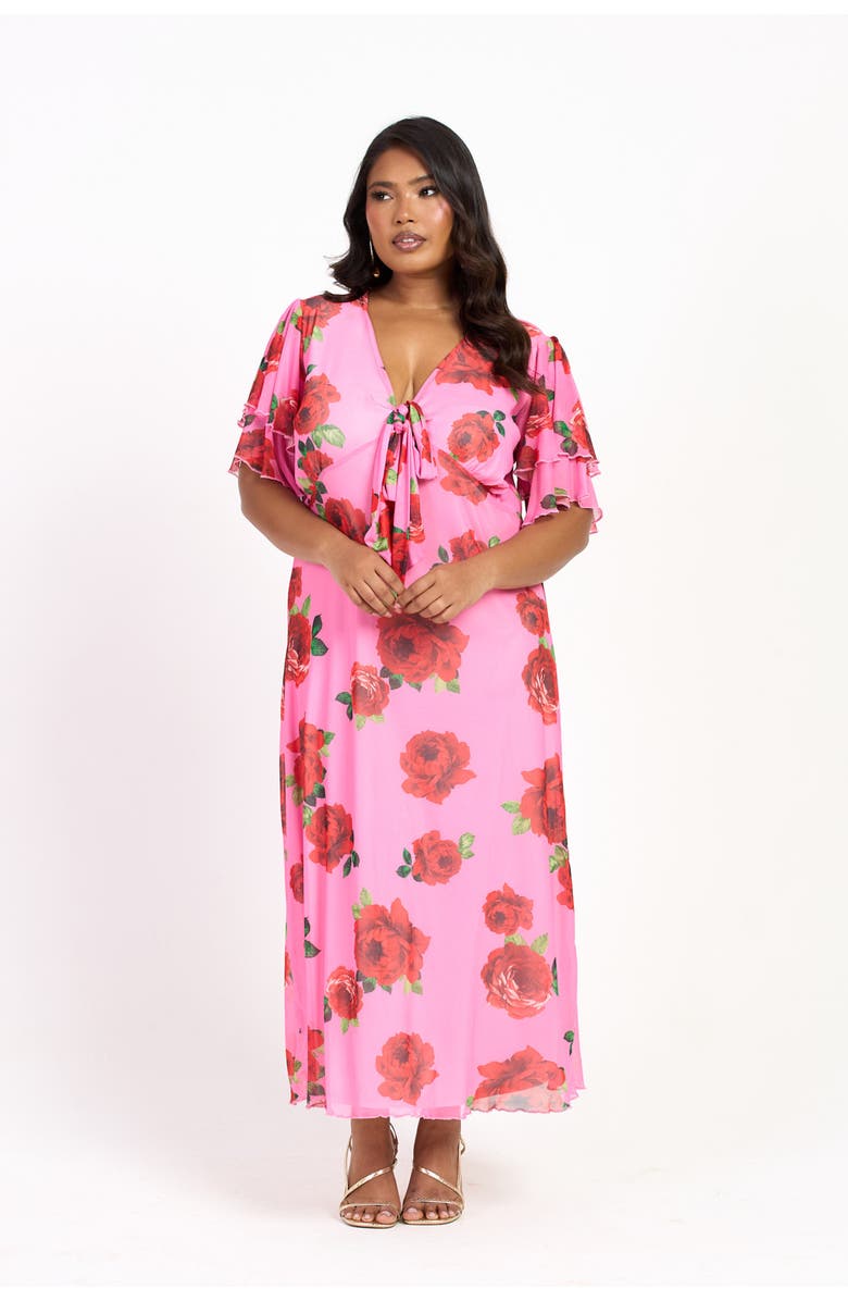 FASHION-SZN CURVE Flutter Sleeve Tie Front Midi Dress, Alternate, color, Pink