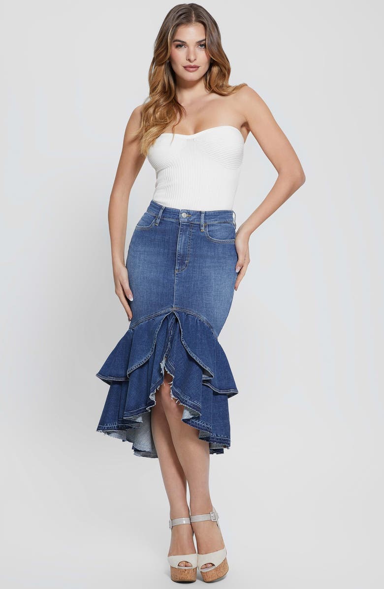 GUESS Marina Tiered Ruffle Denim Skirt, Alternate, color, 