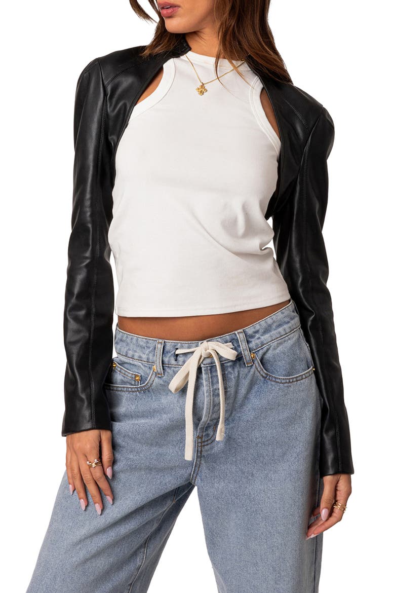 Faux Leather Shrug Jacket, Main, color, BLACK