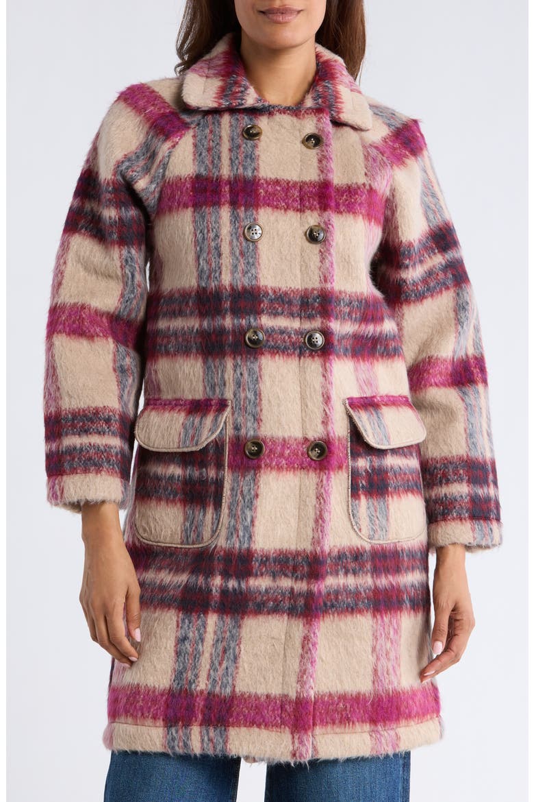Plaid Faux Fur Peacoat, Main, color, BEIGE BURGUNDY PLAID