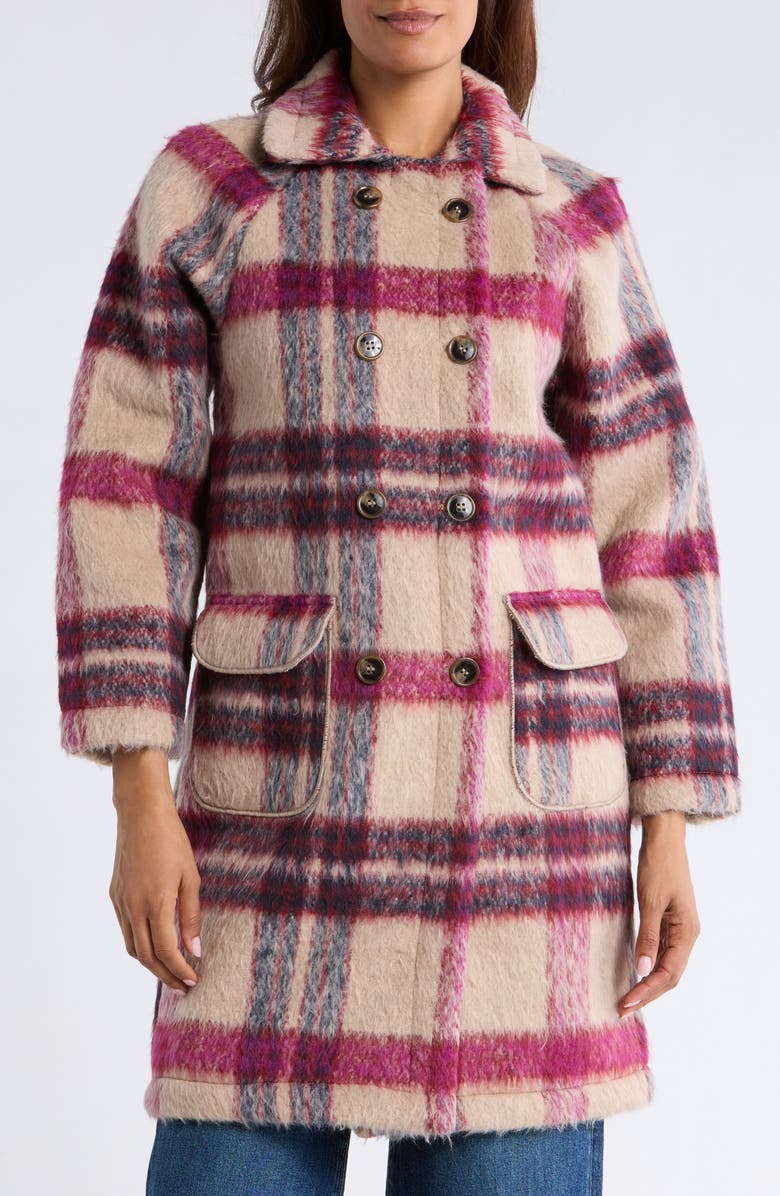 MELLODAY Plaid Faux Fur Peacoat, Main, color, Beige Burgundy Plaid