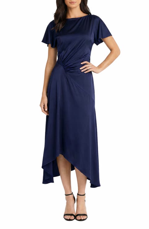 Short Sleeve Asymmetric Hem Satin Midi Dress