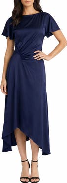 Maggy London Short Sleeve Asymmetric Hem Satin Midi Dress