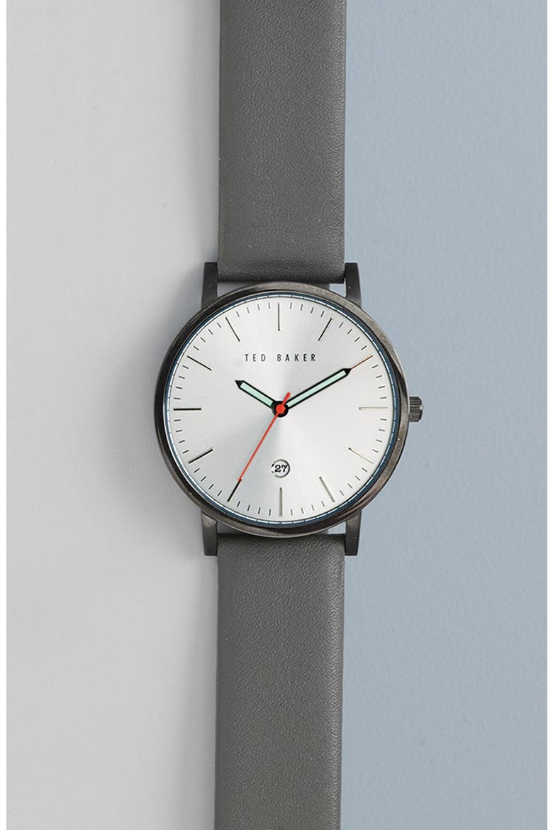 Leather Strap Watch, 40mm, Alternate, color, GREY