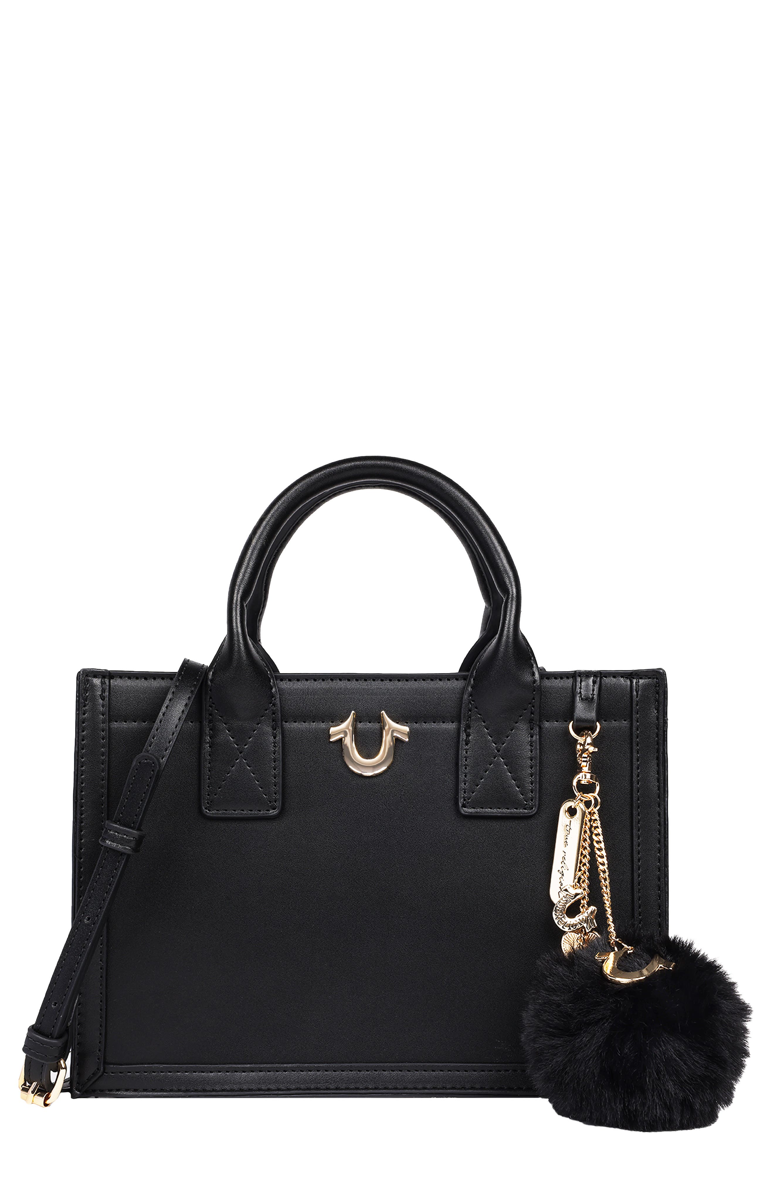 True Religion Pompom Keychain Horseshoe Tote Bag, Main, color, Black
