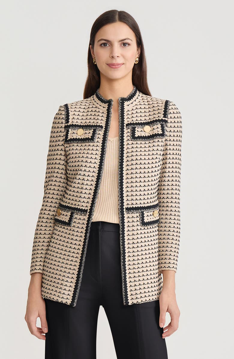 Misook Tailored Multi-Stitch Zigzag Trim Knit Jacket, Main, color, Biscotti/Black