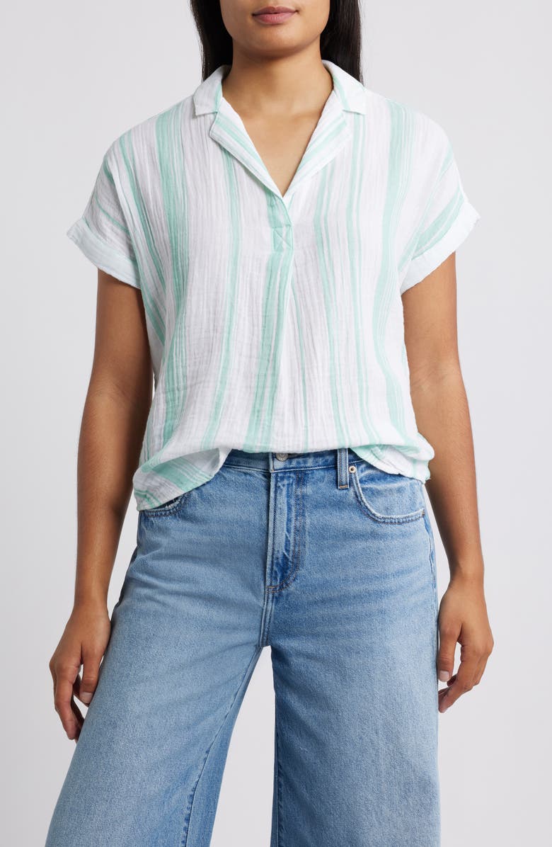 beachlunchlounge Arin Stripe Short Sleeve Cotton Shirt, Main, color, Foliage