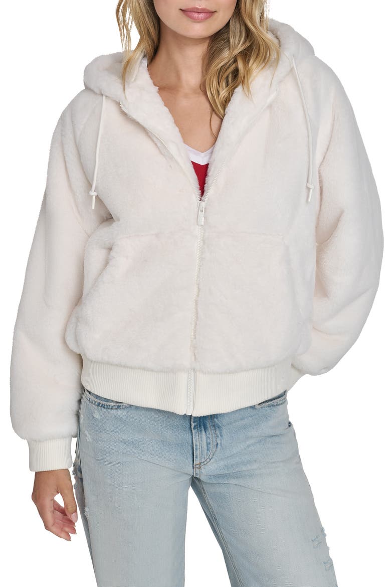 Faux Fur Bomber Hoodie, Main, color, CREAM