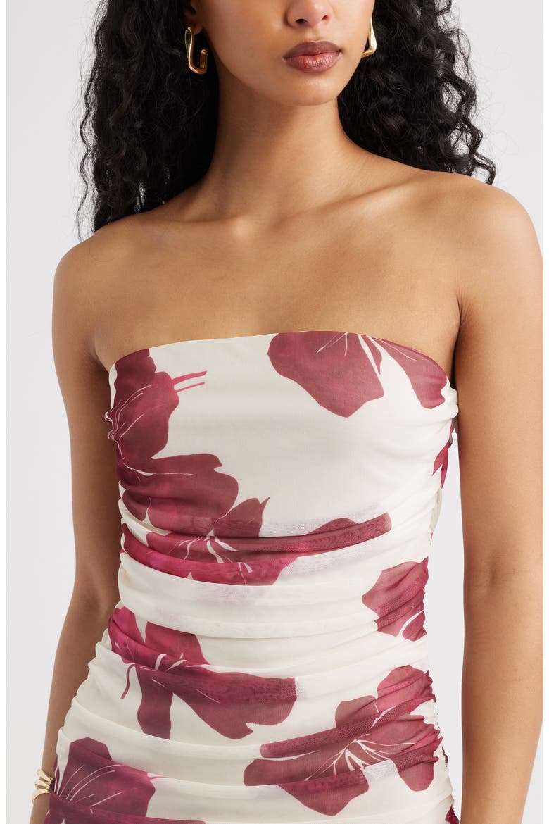Ruched Strapless Mesh Dress, Alternate, color, IVORY- PINK WATERED HIBISCUS