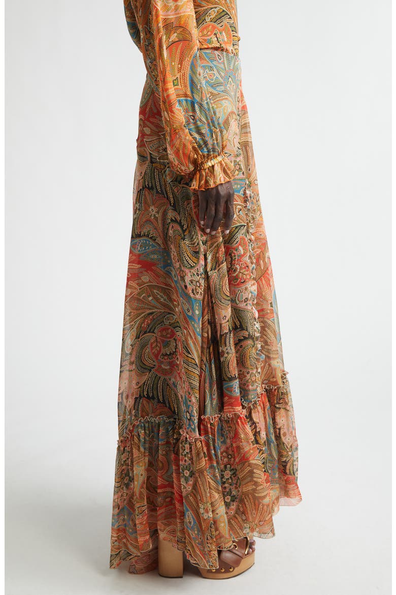 Paisley Print Ruffle Silk Chiffon Maxi Skirt, Alternate, color, PRINT ON RED BASE