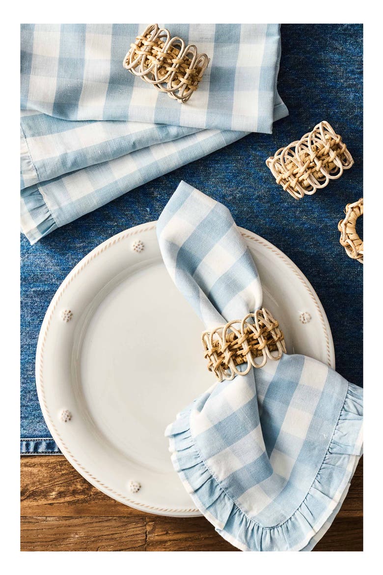 Gingham Ruffle Set of 4 Cotton & Linen Napkins, Alternate, color, OCEAN