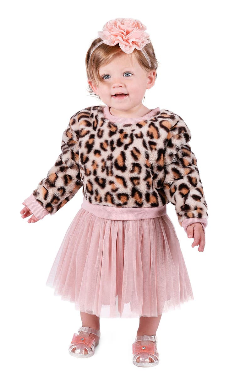 Popatu Faux Fur Leopard & Tulle Top & Skirt Set, Alternate, color,