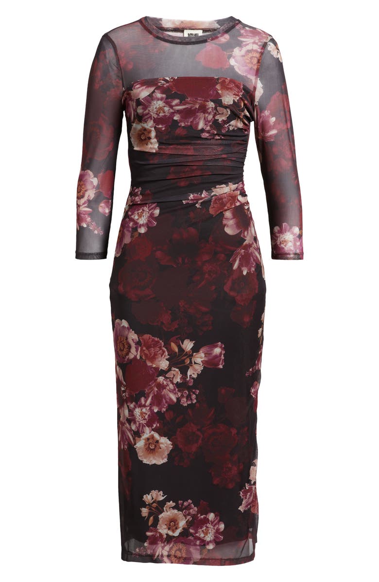 Anne Klein Ruched Long Sleeve Illusion Neck Midi Dress, Alternate, color, Midnight Chianti Multi