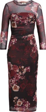 Anne Klein Ruched Long Sleeve Illusion Neck Midi Dress