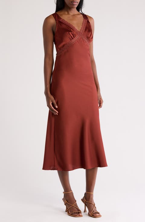 Inset Lace Empire Waist Bias Satin Maxi Dress