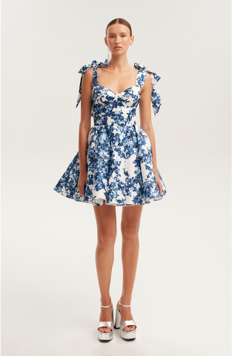 Milla Fitted Bodice A-Line Floral Mini Dress for Cocktail Events, Alternate, color, Blue-Double