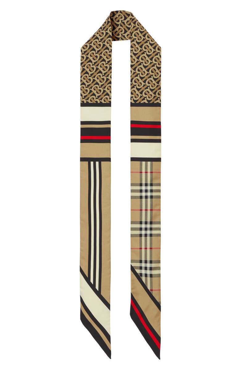 Burberry Monogram, Icon Stripe & Check Silk Skinny Scarf, Main, color, Archive Beige