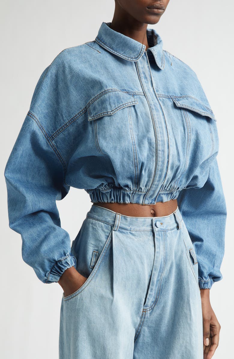 renaissance renaissance Baby Bubble Hem Denim Bomber Jacket, Alternate, color, Blue