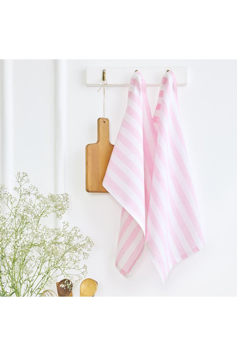 Linen Kitchen Towels Set of 2, 17 x 26" - Sorrento Stripe, Main, color, Pink and White