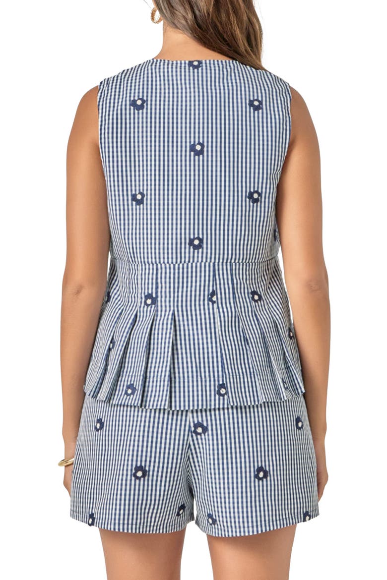 Bow Detail Gingham Embroidered Peplum Top, Alternate, color, NAVY