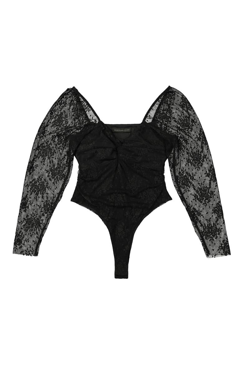 Long Sleeve Floral Lace Bodysuit, Alternate, color, BLACK
