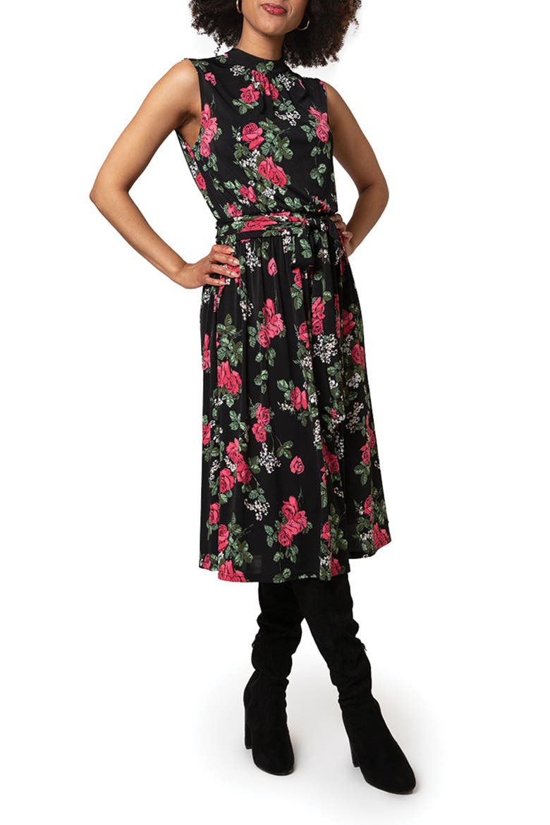 Mindy Print Midi Dress, Main, color, RRBK - RUBY ROSE BLACK