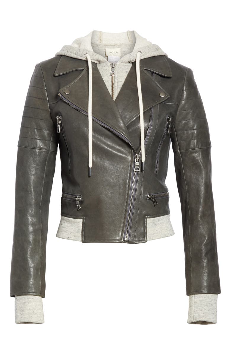 Alice + Olivia Avril Hooded Combo Leather Jacket, Alternate, color, 