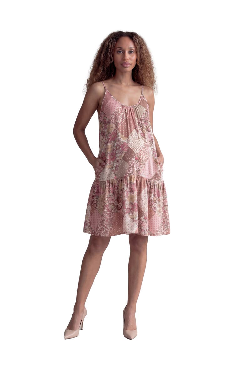 Maternity Essential Patchwork Print Scoop Neck Spaghetti Strap Pocket A-Line Mini Dress, Main, color, Pink Multi