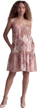 24seven Comfort Apparel Maternity Essential Patchwork Print Scoop Neck Spaghetti Strap Pocket A-Line Mini Dress