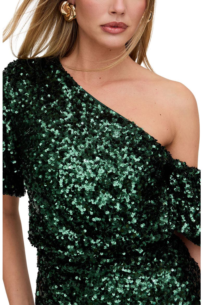 Nola Asymmetric Off Shoulder Sequins Midi Dress, Alternate, color, Green