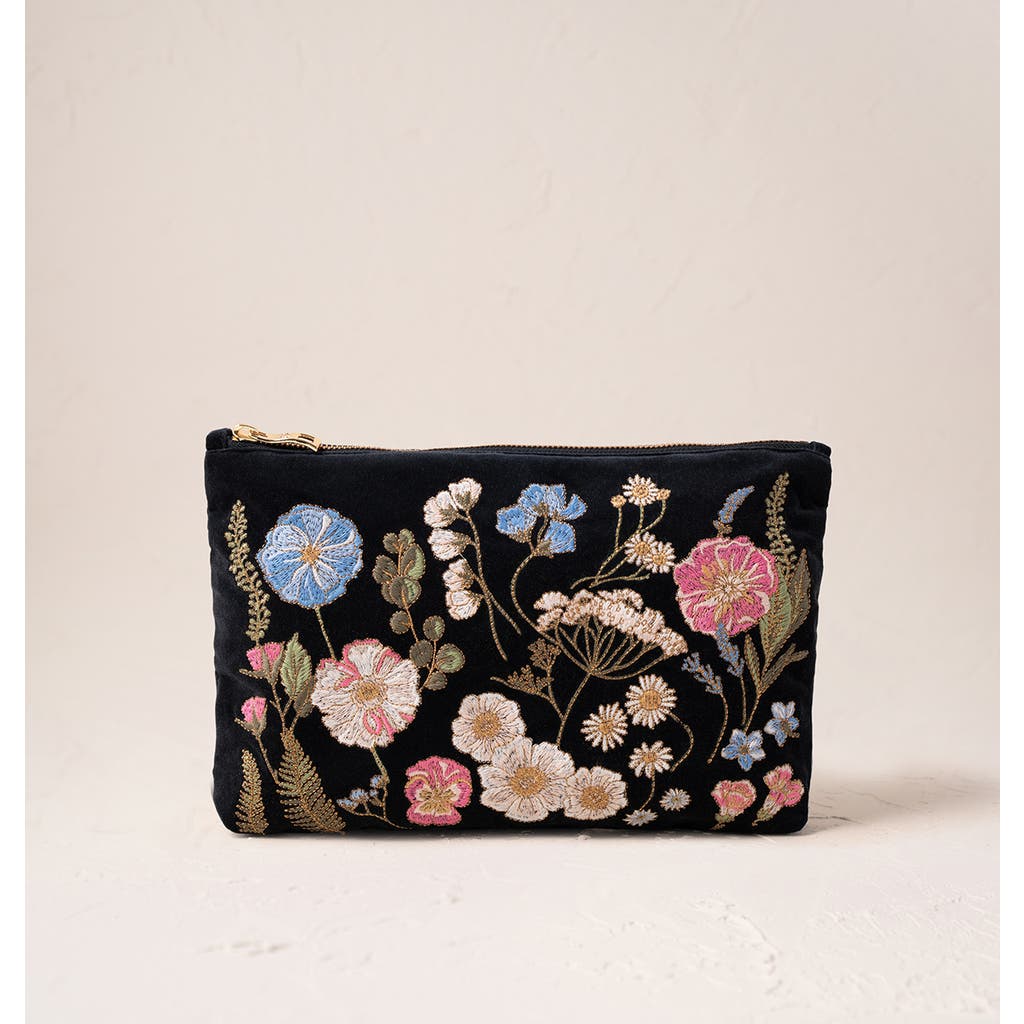 Elizabeth Scarlett Pressed Flowers Velvet Everyday Pouch In Black