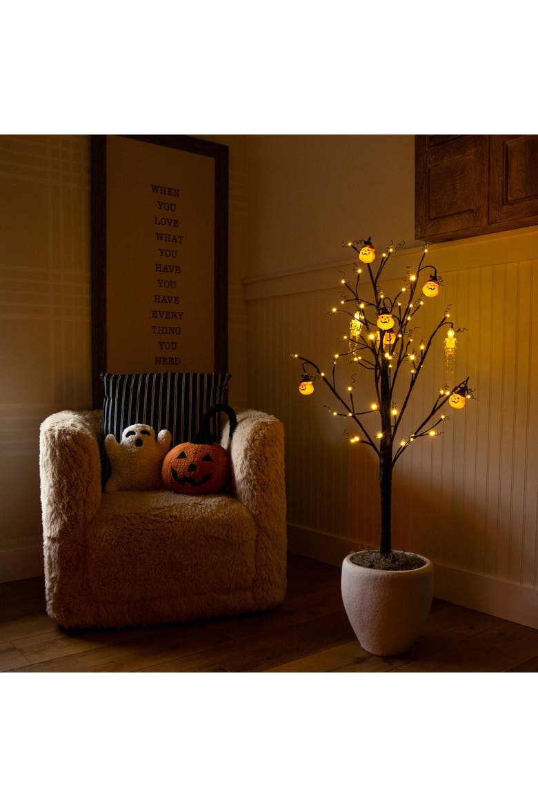 4-ft Pre-Lit Artificial Halloween Pumpkins and Skulls Ornament Tree with 64 Warm White LED Lights, Alternate, color, Black