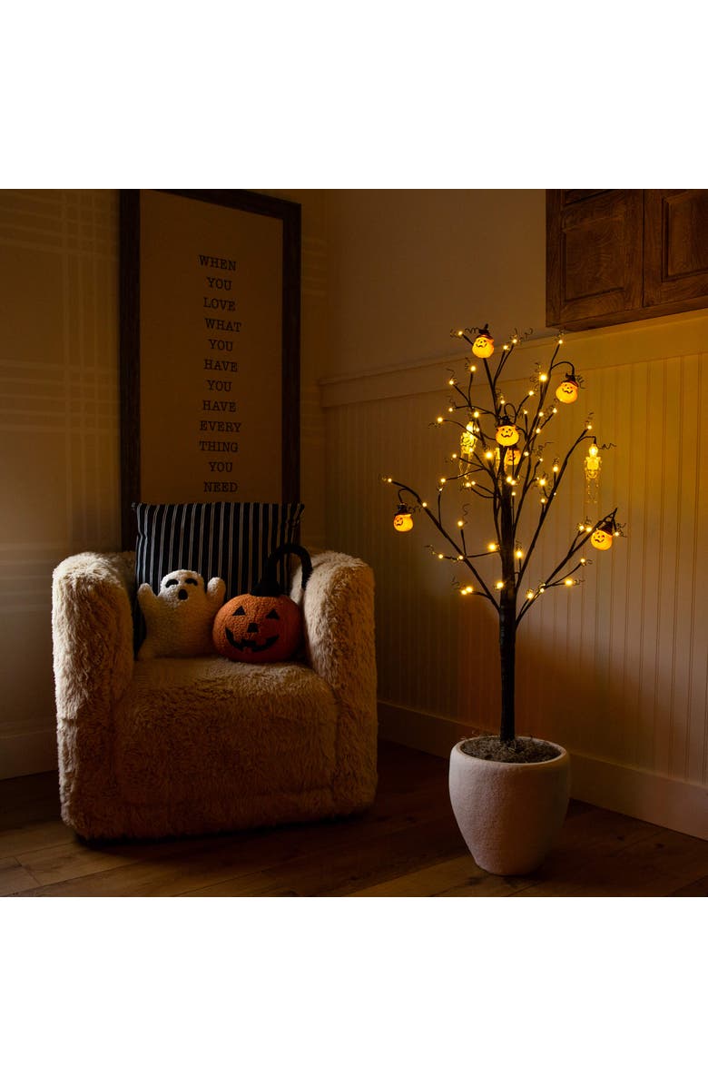 NEARLY NATURAL 4-ft Pre-Lit Artificial Halloween Pumpkins and Skulls Ornament Tree with 64 Warm White LED Lights, Alternate, color, Black