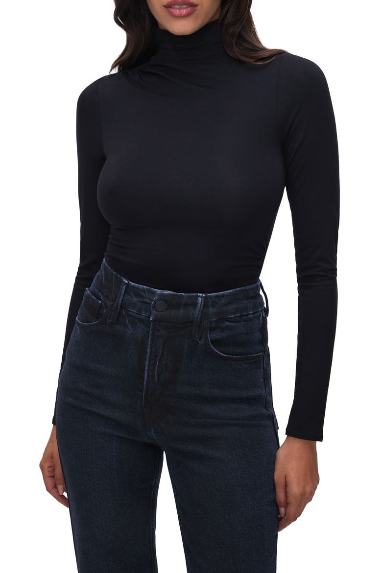 Ruched Turtleneck Bodysuit, Main, color, BLACK
