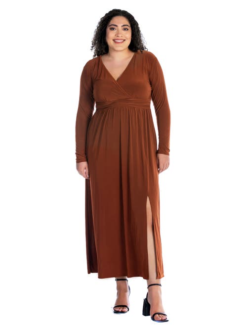 24seven Comfort Apparel Plus Size Long Sleeve V-neck Maxi Dress In Brown
