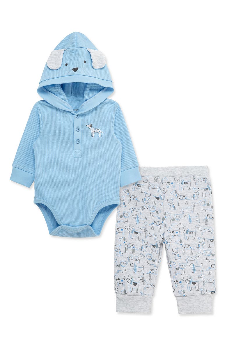 Little Me Hooded Waffle Knit Bodysuit & Pants, Alternate, color, 