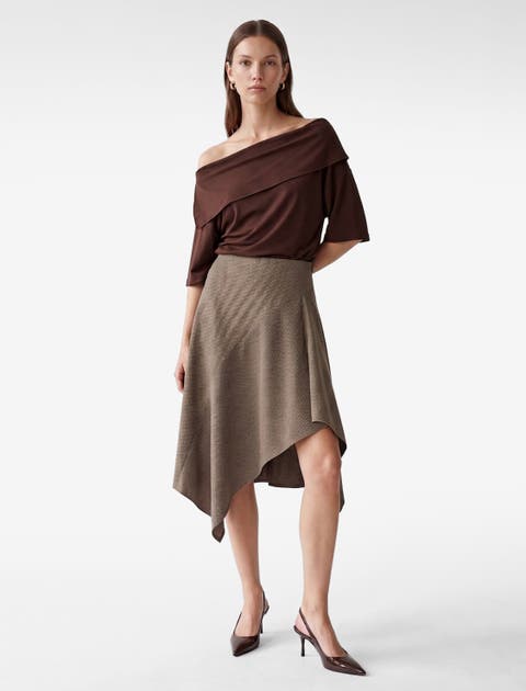 Houndstooth Asymmetric Handkerchief Hem Midi Skirt