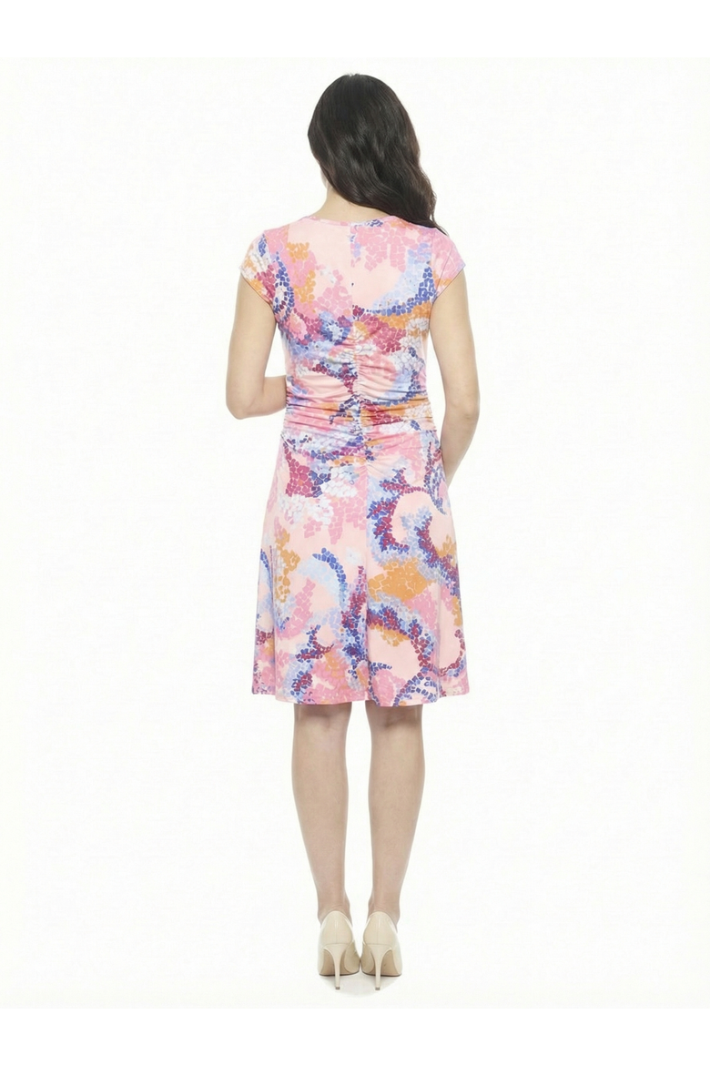 Maternity Abstract V-Neck Cap Sleeve Ruched Front Knee Length Dress, Alternate, color, Pink Multi