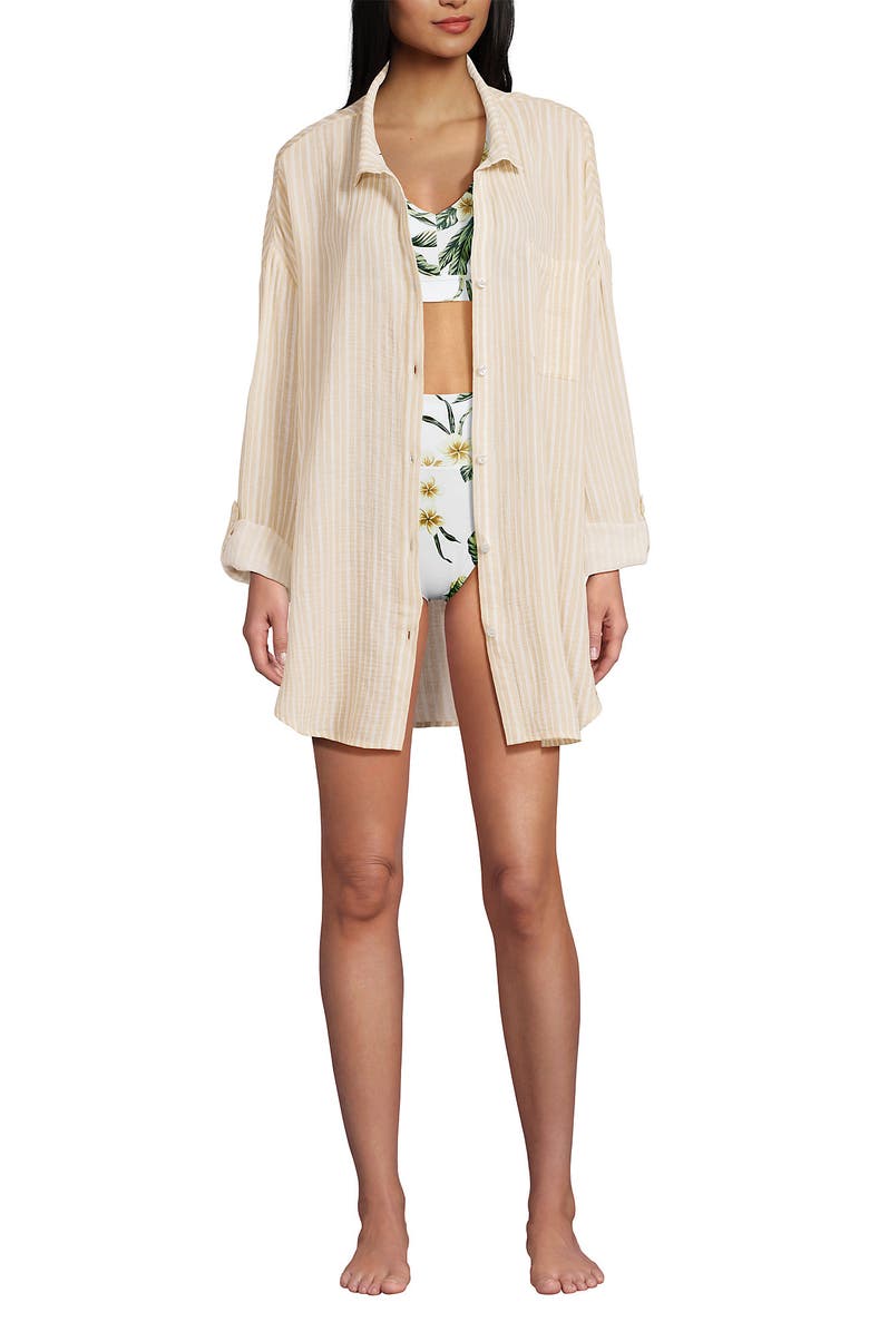Lands' End Oversized Gauze Button Front Cover-Up Shirt, Alternate, color, White
