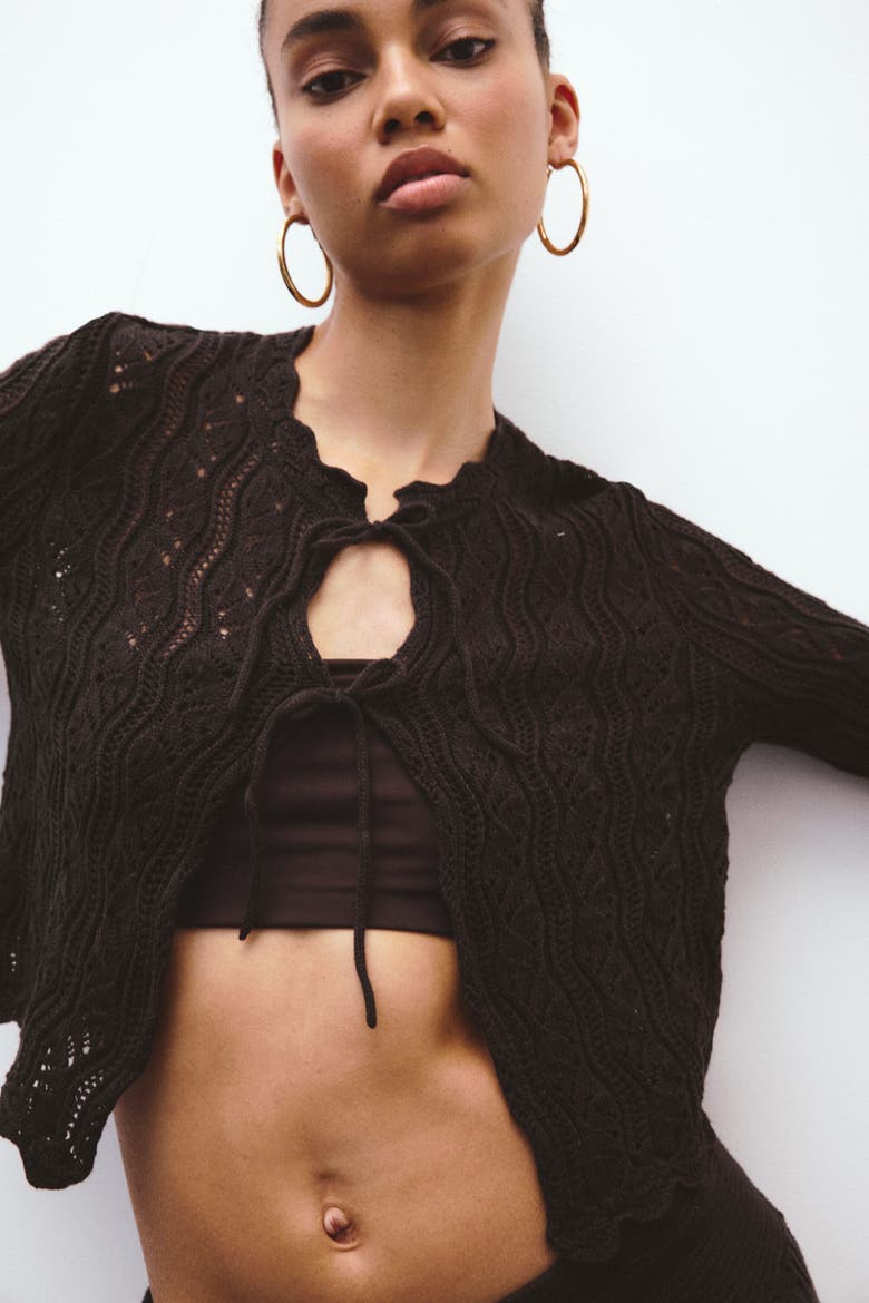 Pointelle-knit Tie-front Cardigan, Main, color, Dark brown