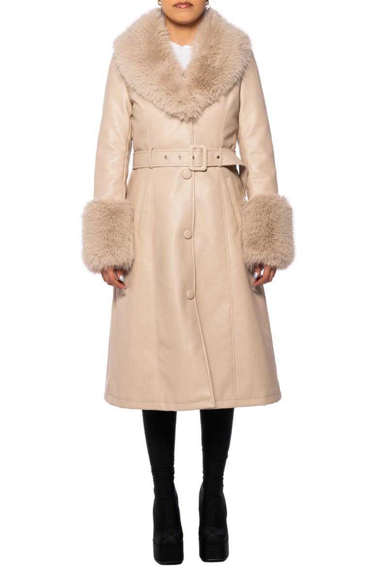 AZALEA WANG Belted Faux Fur Trim Faux Leather Trench Coat, Main, color, 
