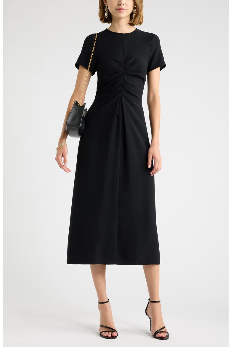 Ruched Front Midi Dress, Alternate, color, BLACK