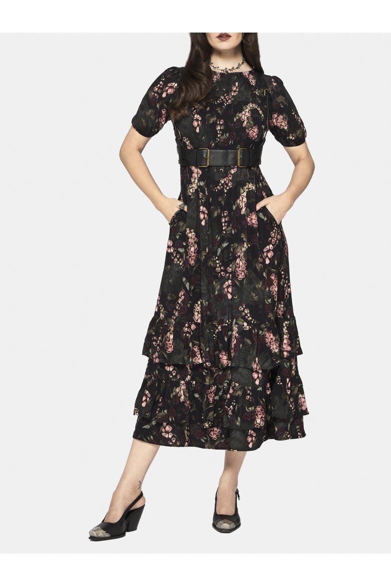 Noctua Owl Foxglove Tiered Midaxi Dress, Main, color, Black