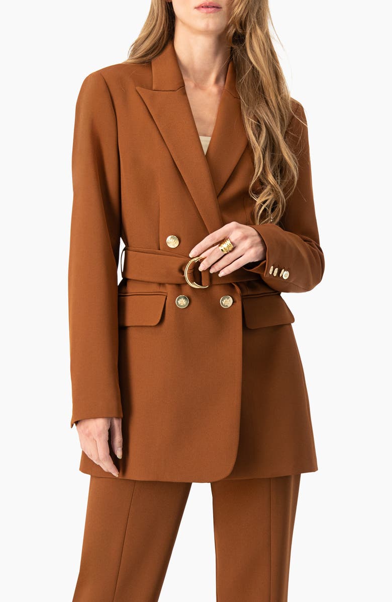 IVONNE Double-Breasted Wrap Blazer with Waist Tie, Main, color, Brown
