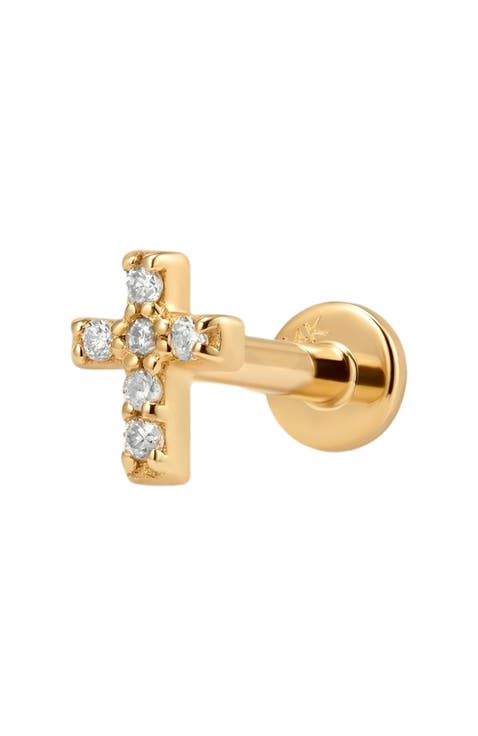 14k Diamond Cross Stud Earring (Flat Back) - Single