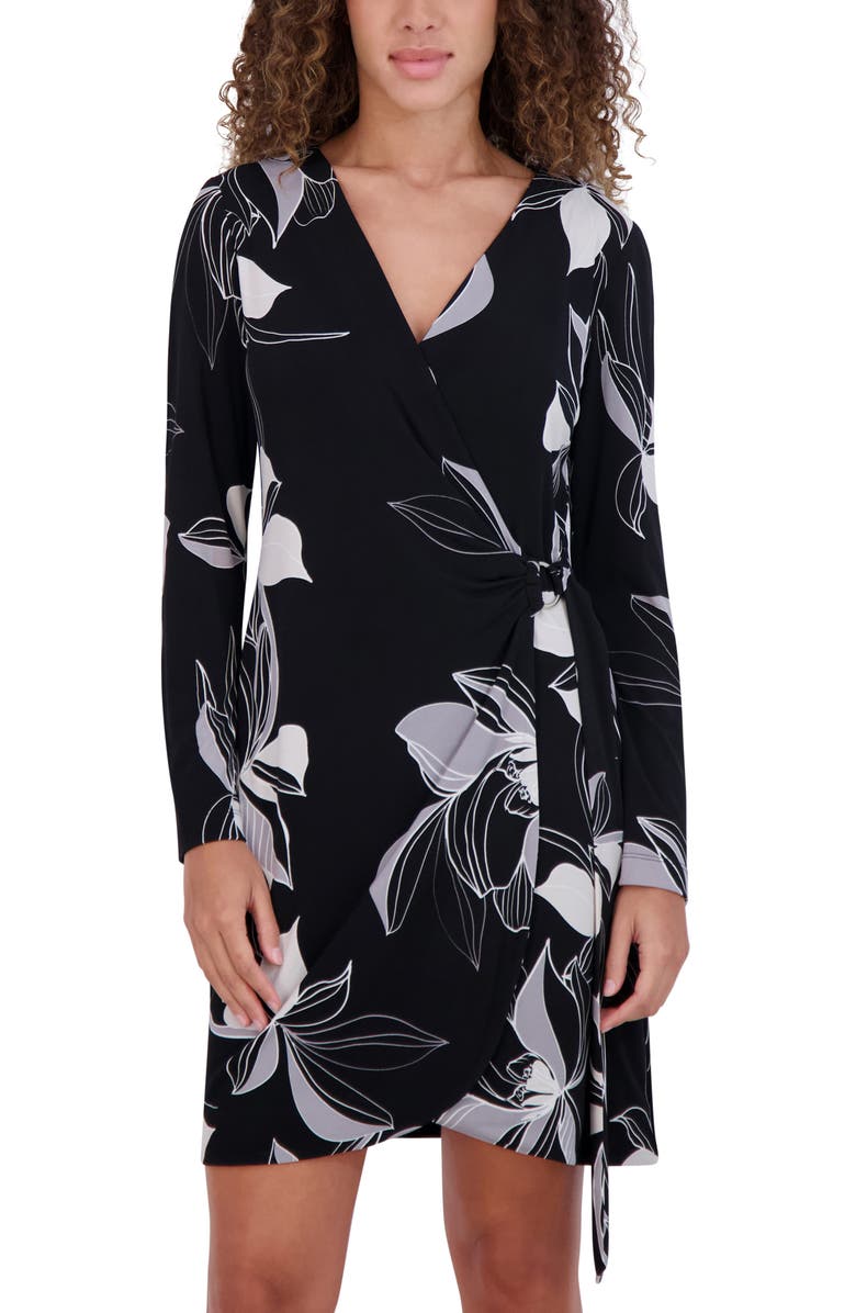 Kensie Long Sleeve Wrap Dress, Alternate, color, Black Multi